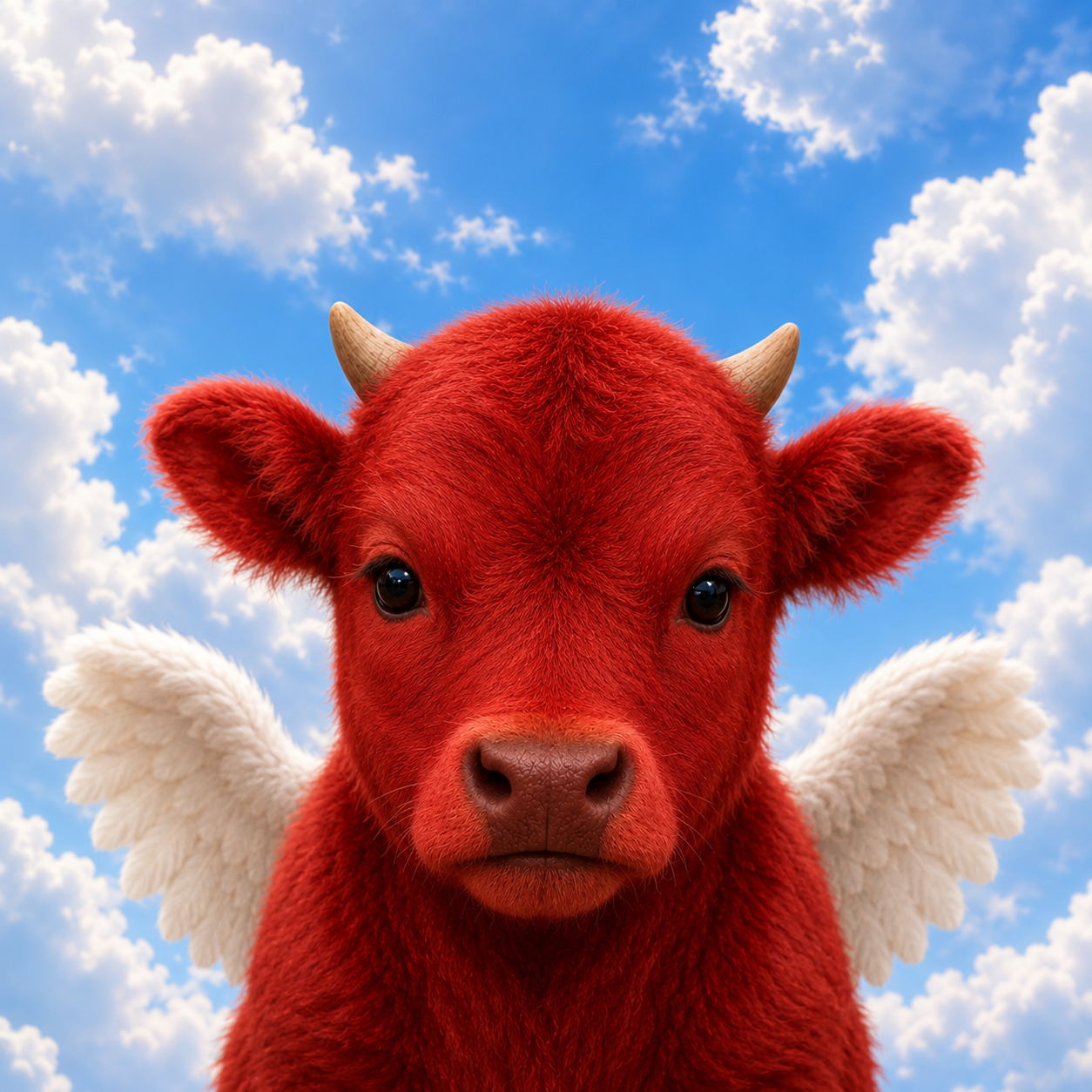 $REDBULL — a fluffy red calf with horns and white angel wings floating in a blue cloudy sky